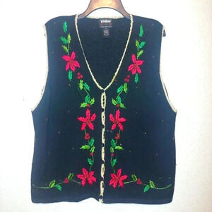 VINTAGE STUDIO CHRISTMAS SWEATER VEST SIZE 1X POINSETTAS BUTTON UP